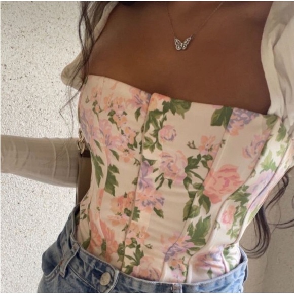 Zara Floral Corset Top in Ivory Multi BLOGGERS FAVORITE!!! NWT - Picture 2 of 16